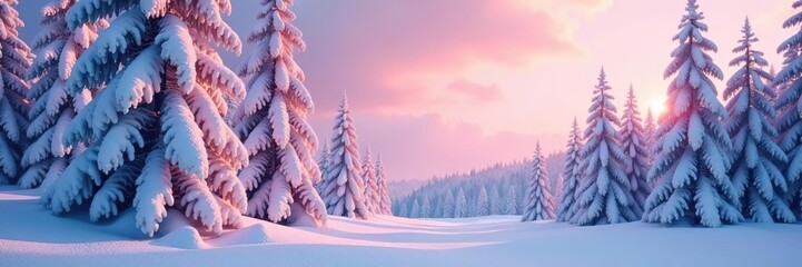 Winter wonderland landscape with snow-covered trees, sparkling icicles, and soft pink sunset hues,  romantic,  sunset