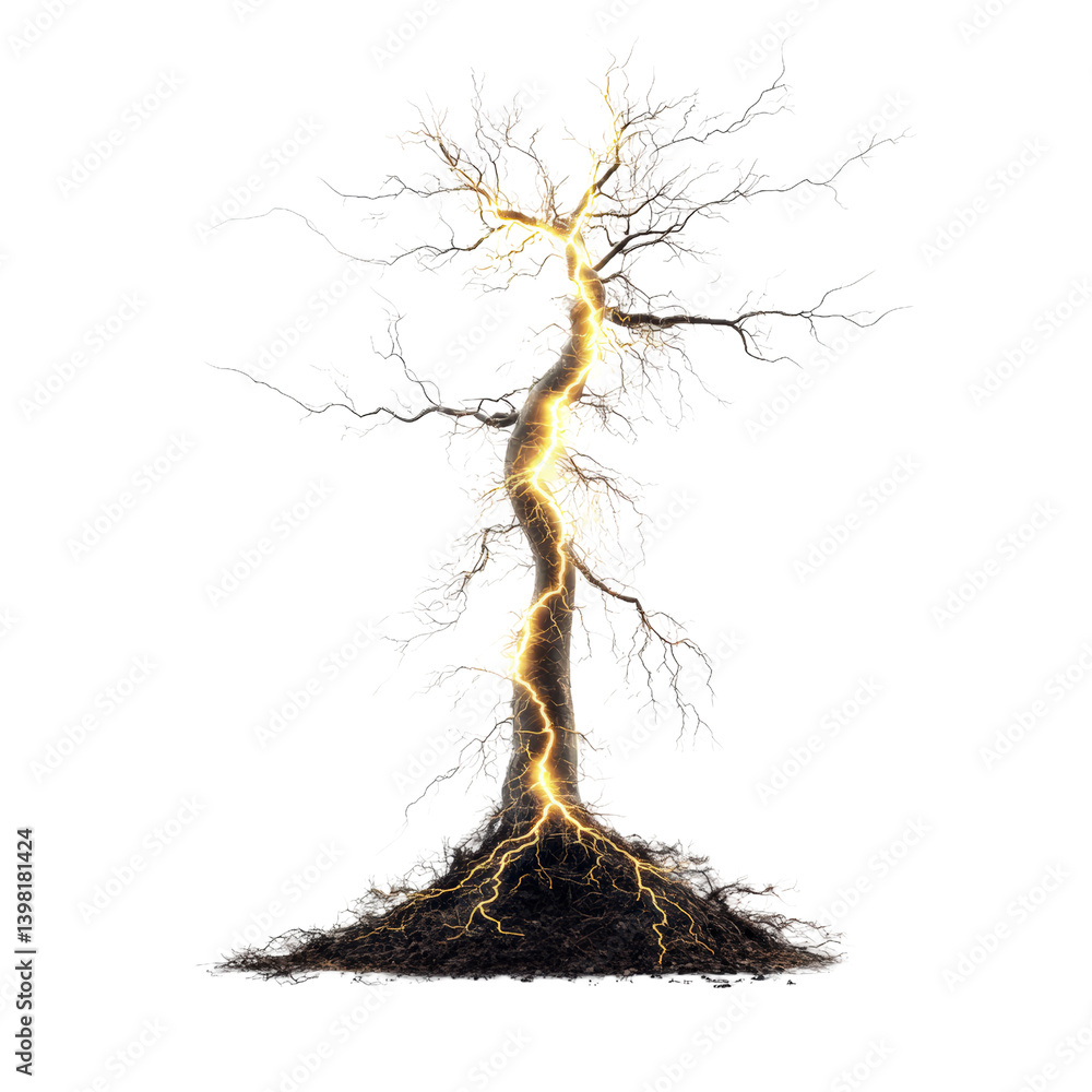 Poster majestic tree struck by lightning illuminating the landscape with a fiery glow in a dramatic display