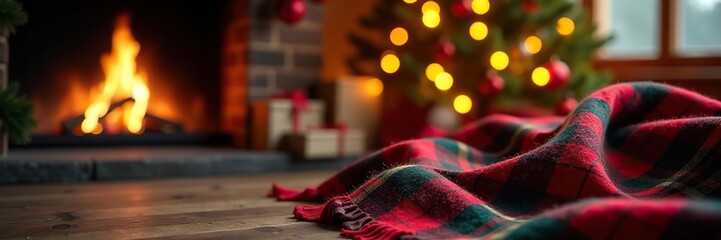 Warm Christmas background featuring a crackling fire and cozy plaid blanket,  celebration,  snuggle