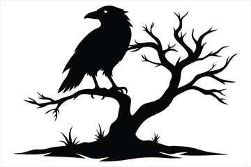 Raven bird silhouette on a dead tree branch