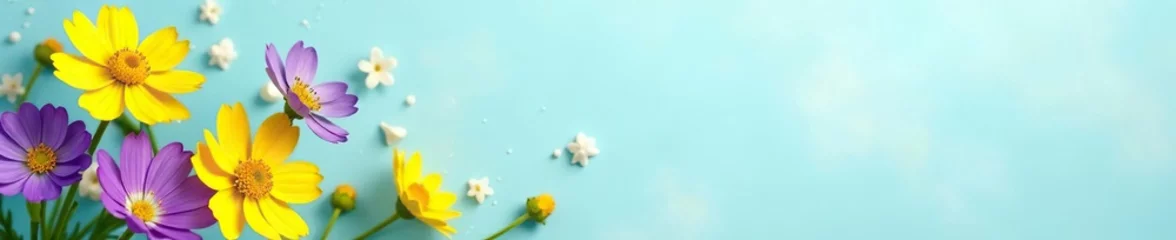Printed roller blinds Yellow and purple flowers blooming beautifully on a soothing pastel blue background, symbolizing the arrival of spring,  pastel blue,  tranquil