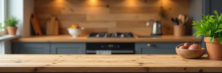 Warm toned wooden kitchen banner with empty space for product display, modern living background with beautiful wood tabletop and blurred bokeh,  warm tone,  modern living