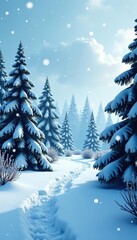 Winter wonderland with snow falling gently on a forest of snow-covered fir trees and snowdrifts, creating a magical backdrop for Christmas and New Year greetings,  greeting,  fir trees