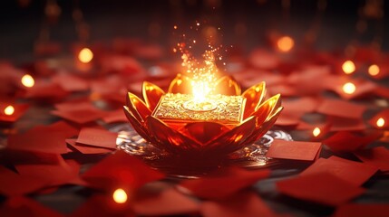 A traditional feng shui gold ingot surrounded by red envelopes and glowing light, representing prosperity