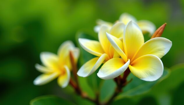 Yellow and white Frangipani flowers blooming in St Gallen, Switzerland, with green leaves in the background,  tropical,  white