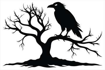 Raven bird silhouette on a dead tree branch