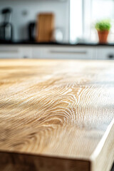 g. Close-up of a polished oak tabletop surface showing subtle and intricate grain textures with blurred kitchen elements in the background 