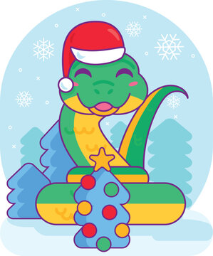 Friendly snake reptile hugs toy Christmas tree decorated with colorful balls. Symbol of 2025 Chinese calendar year. Cartoon vector illustration on blue snowy background