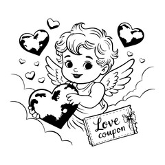 Valentine day cherub print set, vector romantic holiday sticker collection, cute baby angel, cloud. Pink watercolor heart design object, love coupon, potion, cartoon cupid bow. Valentine cherub tattoo
