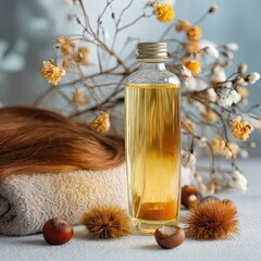 Fototapeta premium Elegant hair oil and smooth hair product for hair care, featuring hair care ingredients and hair care packaging for silky results 