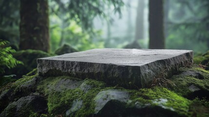 A mossy, forest floor with a flat, grey stone slab placed atop layered, weathered rocks, subtly lit by soft natural light