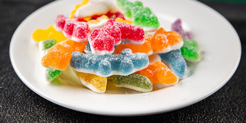 Jelly candy sweet dish fresh delicious gourmet food background on table rustic food top view copy space vegetarian and vegan food