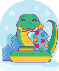 Friendly snake reptile hugs toy Christmas tree decorated with colorful balls. Symbol of 2025 Chinese calendar year. Cartoon vector illustration on blue snowy background