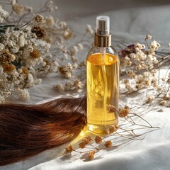 Fototapeta premium Elegant hair oil and smooth hair product for hair care, featuring hair care ingredients and hair care packaging for silky results 