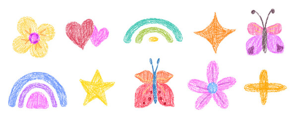Set of flower and rainbow drawing with crayon or chalk texture