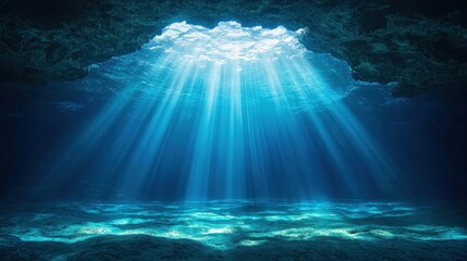 Fototapeta premium Dramatic underwater cave light beams cutting through mysterious atmosphere low angle perspective rich textures, Realistic Photo