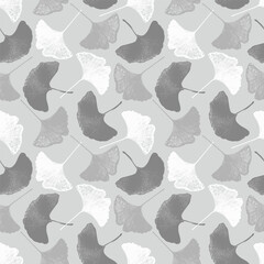 Seamless pattern with ginkgo biloba leaves in gray tones