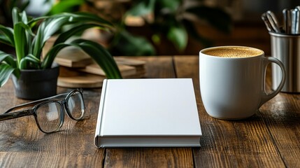 White book mockup beside coffee cup on wooden table with glasses and plants.