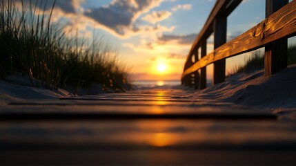 Sunset Stroll Beach boardwalk path to golden ocean horizon.