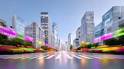 Fototapeta premium Digital trade wall flowing trade data in a modern cityscape urban environment high-tech viewpoint