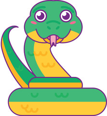 Friendly coiled snake in symbol of Chinese new year. New Year velcro for sticker pack or gift card in old style of 2000. Cartoon Y2K retro sticker on white background