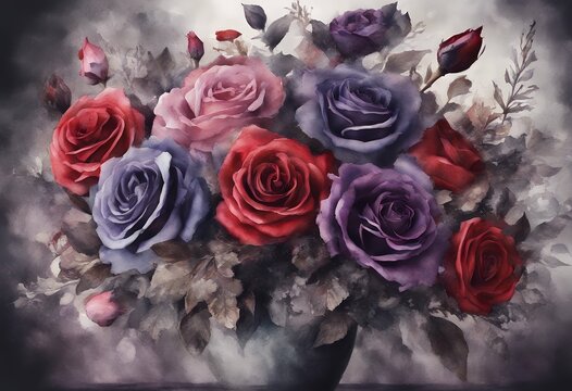 dark graphic arrangement roses black red painted vintage floral watercolor made foliage hand bouquet purple victorian style chaplet art halloween maroon rose template flower gothic goth autumn