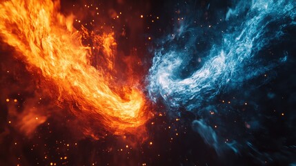 Abstract depiction of a mix of blue and orange flames with luminous particles on a dark gradient background.