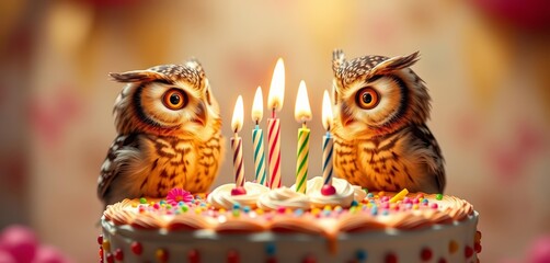 Two small owls blowing out candles on a birthday cake, two, decoration