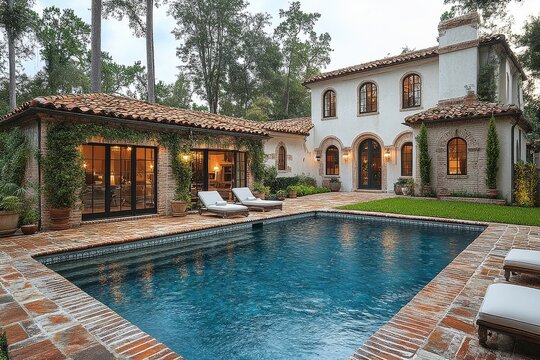 Beautiful backyard with brick and natural stone, large pool, New Orleans-style architecture, light-colored stucco walls, greenery, and elegant house at night, captured in high-resolution architectural