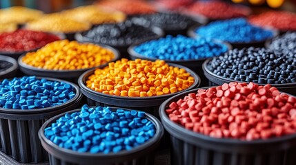 Colorful Plastic Pellets in Containers: A vibrant collection of plastic resin granules in various colors, ready for manufacturing processes. Industrial material, polymer industry.