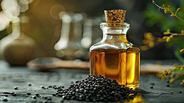 Niger seed essential oil. Selective focus