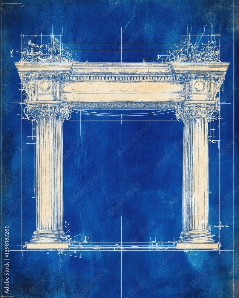 Poster architectural blueprint design featuring classical columns a central void and textured blue backgrou
