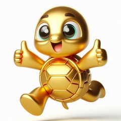Animated character 3D image of happy gold  turtle jumping, cute design, white background