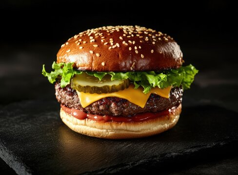 juicy cheeseburger with lettuce and pickles on slate plate, black background, international hamburger day