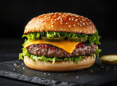 juicy cheeseburger with lettuce and pickles on slate plate, black background, international hamburger day