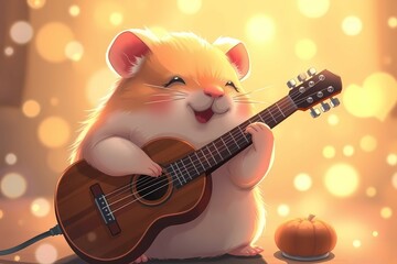 Naklejka premium Cute Hamster Playing Guitar Cartoon – Adorable Musical Animal Character