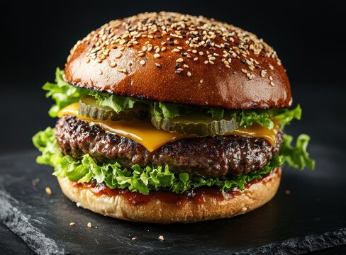 juicy cheeseburger with lettuce and pickles on slate plate, black background, international hamburger day