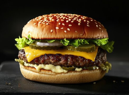 juicy cheeseburger with lettuce and pickles on slate plate, black background, international hamburger day