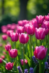 Obraz premium A profusion of purple tulips and verdant foliage in a spring garden , floral, detail