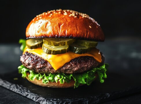 juicy cheeseburger with lettuce and pickles on slate plate, black background, international hamburger day