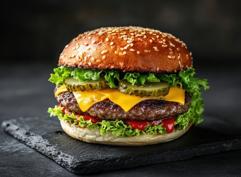 juicy cheeseburger with lettuce and pickles on slate plate, black background, international hamburger day
