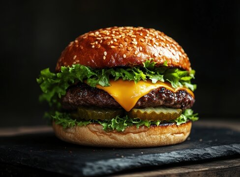 juicy cheeseburger with lettuce and pickles on slate plate, black background, international hamburger day