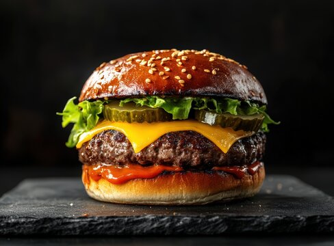 juicy cheeseburger with lettuce and pickles on slate plate, black background, international hamburger day