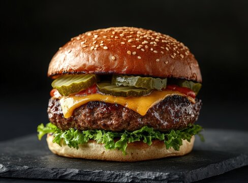 juicy cheeseburger with lettuce and pickles on slate plate, black background, international hamburger day
