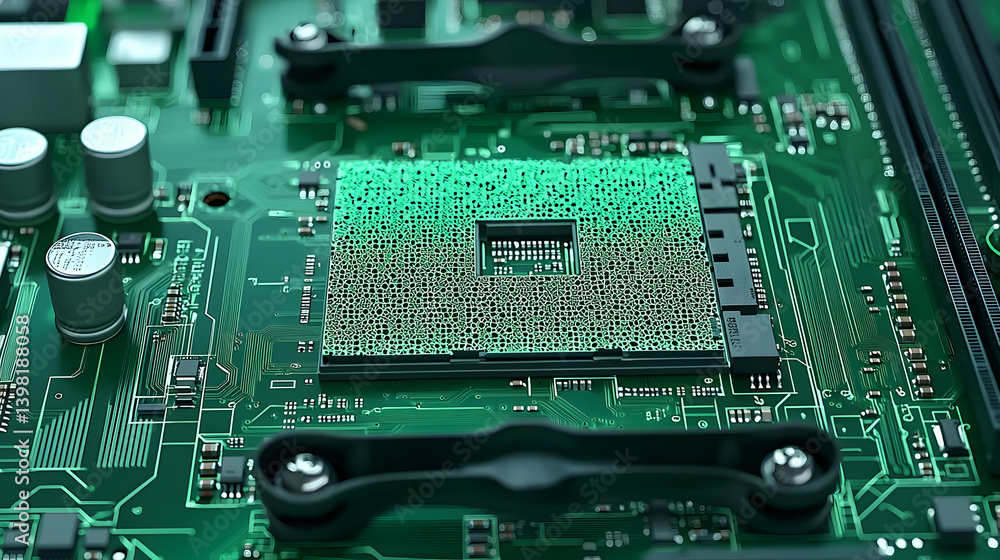 Poster closeup of a modern computer processor chip on a green circuit board