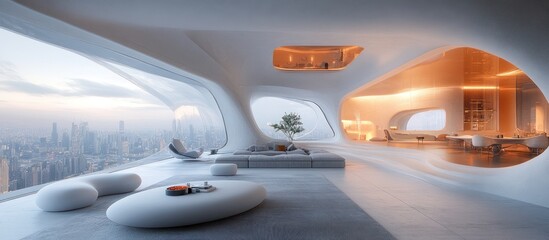 Modern apartment living room, city view, sunrise