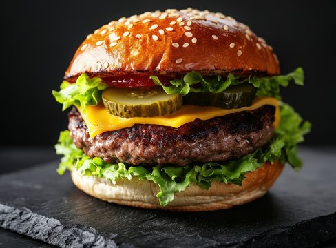 juicy cheeseburger with lettuce and pickles on slate plate, black background, international hamburger day