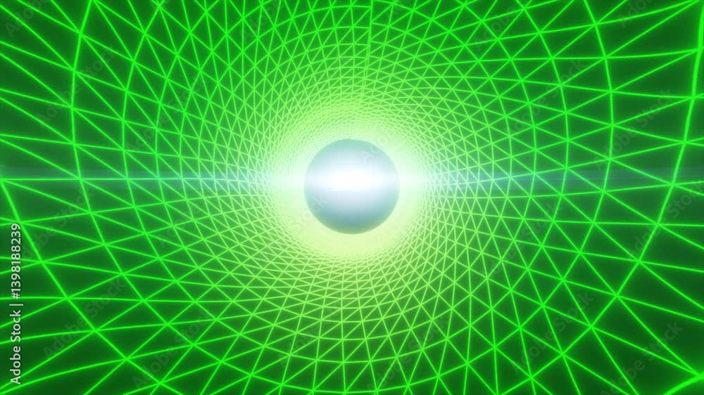 Poster abstract digital grid with glowing green neon lines forming a tunnel around a bright central sphere,