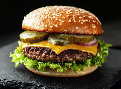 juicy cheeseburger with lettuce and pickles on slate plate, black background, international hamburger day