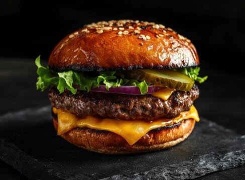 juicy cheeseburger with lettuce and pickles on slate plate, black background, international hamburger day